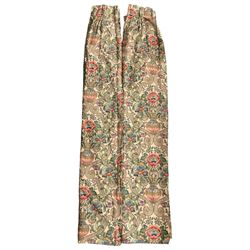 Two pairs of lined curtains, ivory ground fabric decorated with jardinieres of flowers spaced by scroll motifs, W329cm, fall 237cm (2)