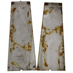 Two early 20th century fairground 'Chair-O-Plane' panels, wooden framed with sheet metal panels, painted in yellow with scrolled cartouche decoration in red, gold and green