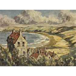 K Allan (British 20th century): Runswick Bay, oil on board signed together M Pearce (British 20th century): Staithes, watercolour signed max 43cm x 60cm