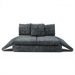 Edwardian design Knole-type drop-end two seat sofa, of traditional shape with hinged drop arms held by ropetwist tassels, upholstered in cobalt blue geometric patterned fabric, with loose seat and scatter cushions; together with matching ottoman footstool (W70cm D55cm H39cm)