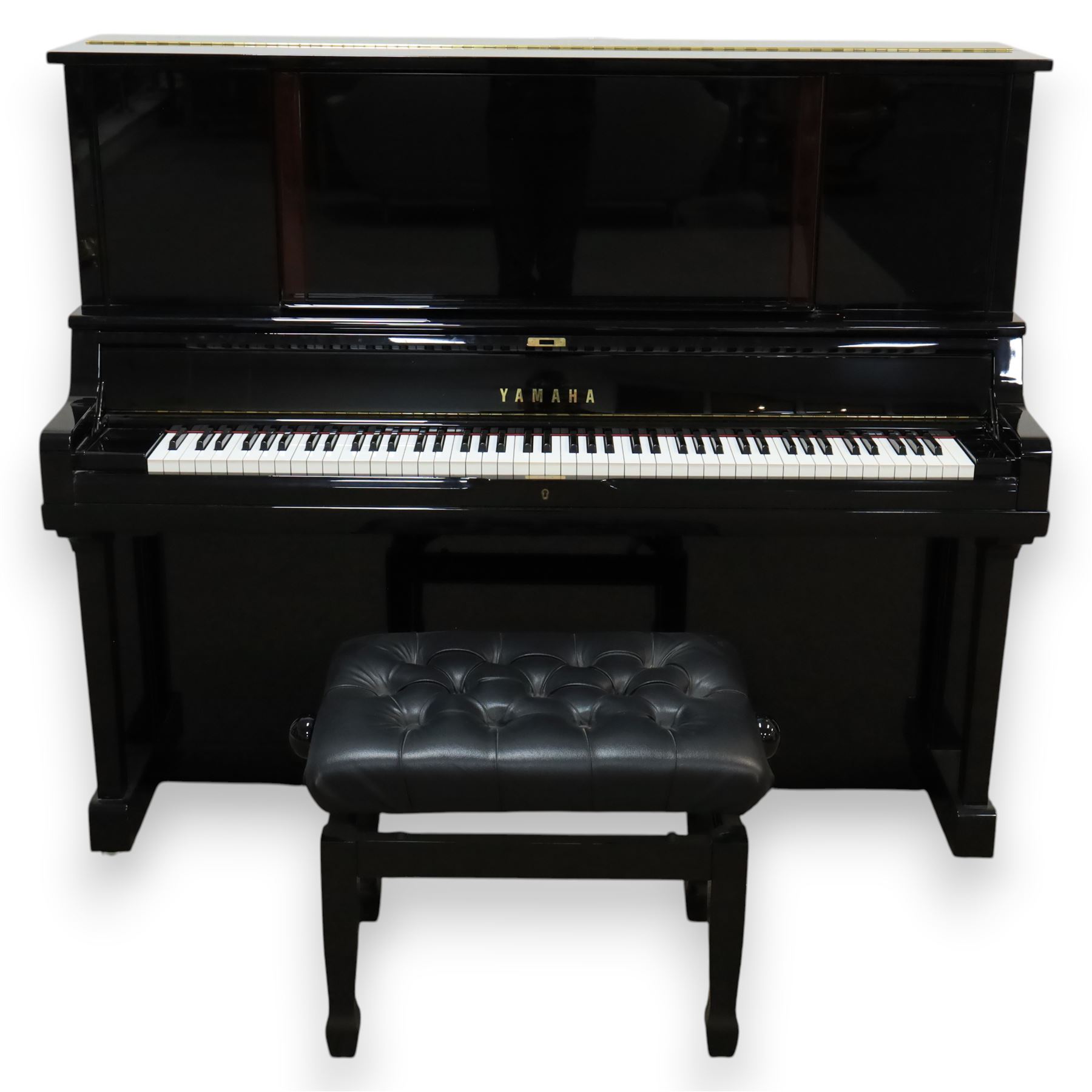 Yamaha model U5 upright piano retailed by Harrods, 88 keys and three pedals within high gloss ebonised case, serial no. 6055292, with Roland black button top piano stool