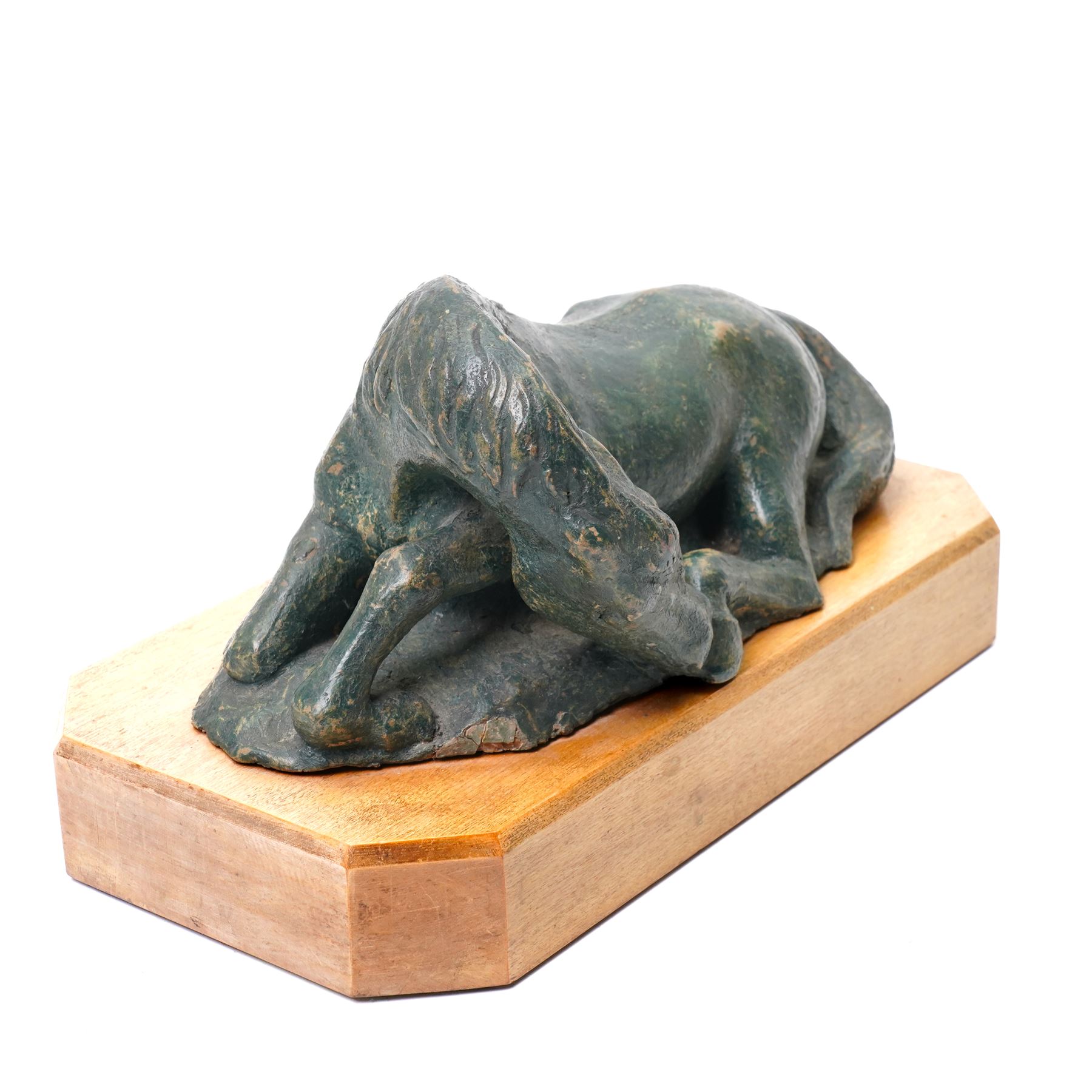 Mid-20th century painted terracotta figure of a recumbent horse, including wooden plinth W31cm