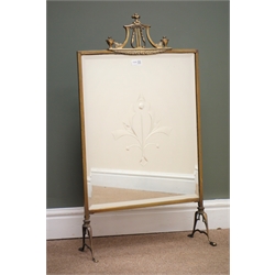  Adams brass framed firescreen, classical lyre cresting rail, bevel edge mirror panel, out spreading supports, W49cm, H87cm  