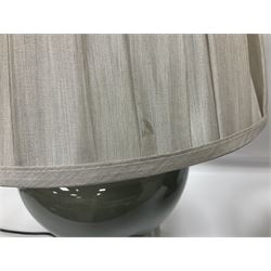 Pair of table lamps of squat baluster form, with a crackle glaze to a dark grey ground, upon a square base, including shade H57cm