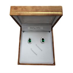 Pair of silver green stone and cubic zirconia pear shaped stud earrings, stamped 925, boxed