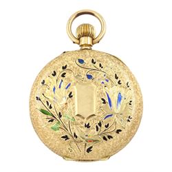Early 20th century 14ct gold open face, cylinder ladies fob watch, gilt dial with Roman numerals, enamelled case with engraved foliate decoration, stamped 14K