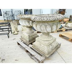 Pair of large weathered Country House Haddonstone garden urns, acanthus carved rim above g...