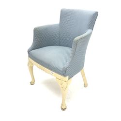 French style bedroom chair, upholstered in a blue fabric, cream painted acanthus carved cabriole legs