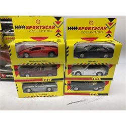 Seventeen Shell Sportscar Collection die-cast models including 1:24 scale Jaguar XJ220 by Maisto; and Bburago 1:20 scale die-cast model Mercedes Benz 500K Roadster (1936); all boxed (18)