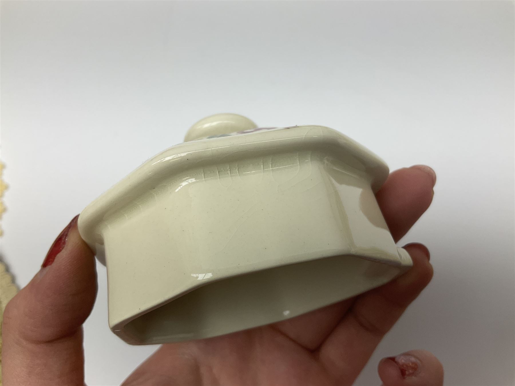 Royal Doulton part dinner service in Old Leeds Sprays pattern,  to include cheese dome, teapot and stand, egg cups etc, together with a selection of floral doilies.  