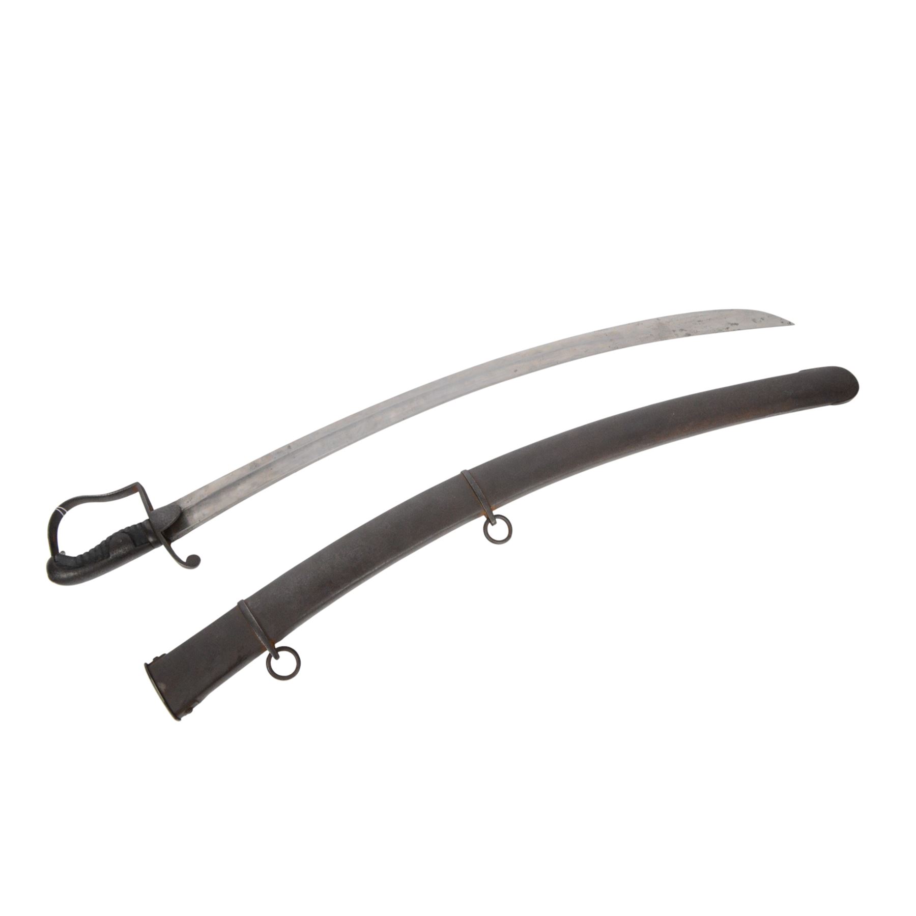 British Georgian 1796 pattern light calvary officers' scabre, the 83cm curved single stamped F Deakin, the stirrup steel hilt with shield langets, within steel scabbard sampled Woolley with twin suspension rings, overall L97cm