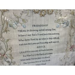 Early 19th century 'Friendship' silk work sampler, worked with poem within naturalistic floral borders, by Mary Wood aged 12, in glazed frame, H46cm W34.5c,
