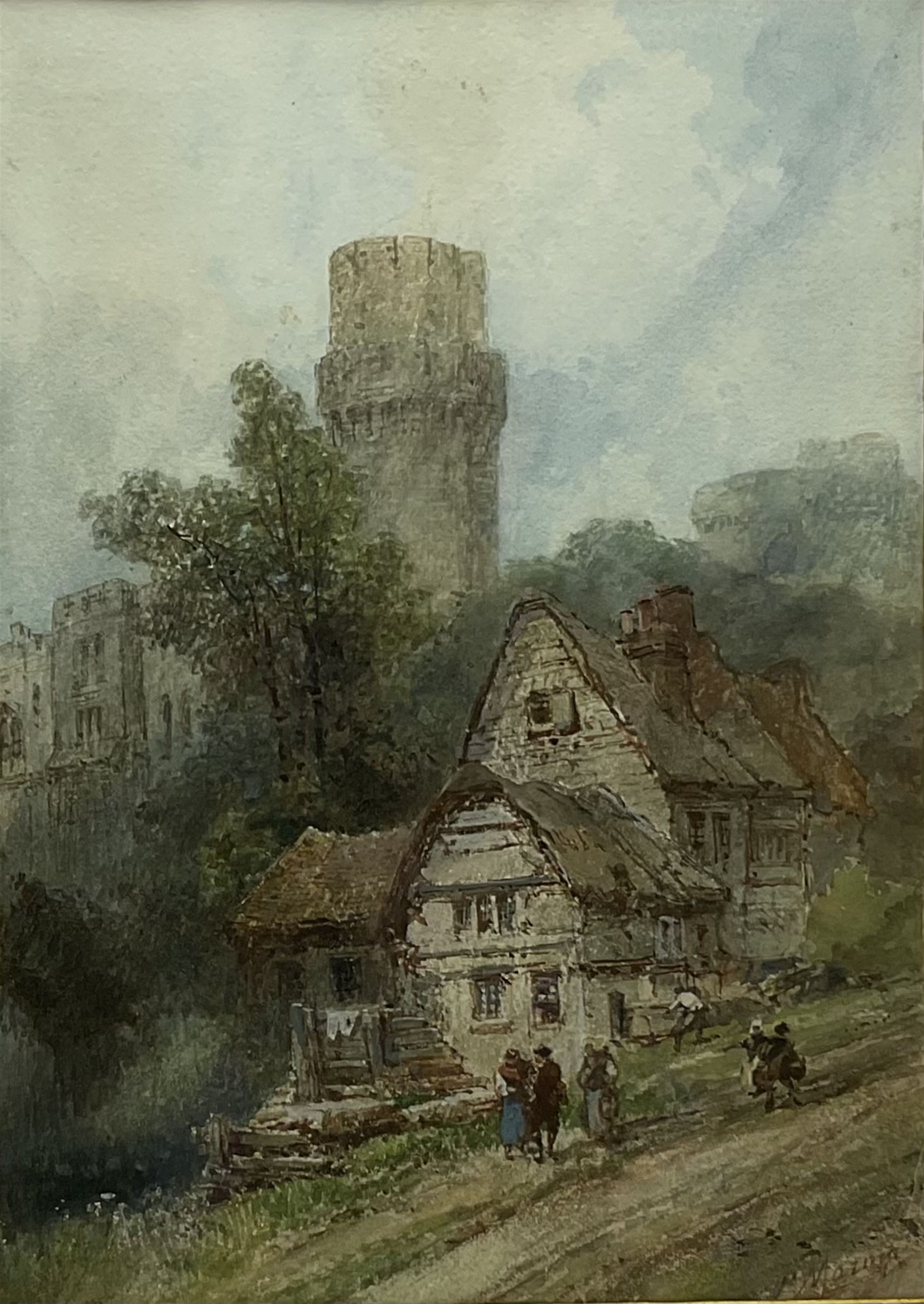 Paul Marny (French/British 1829-1914): Warwick Castle with Old Cottages and Figures in the foreground, watercolour signed 40cm x 29cm