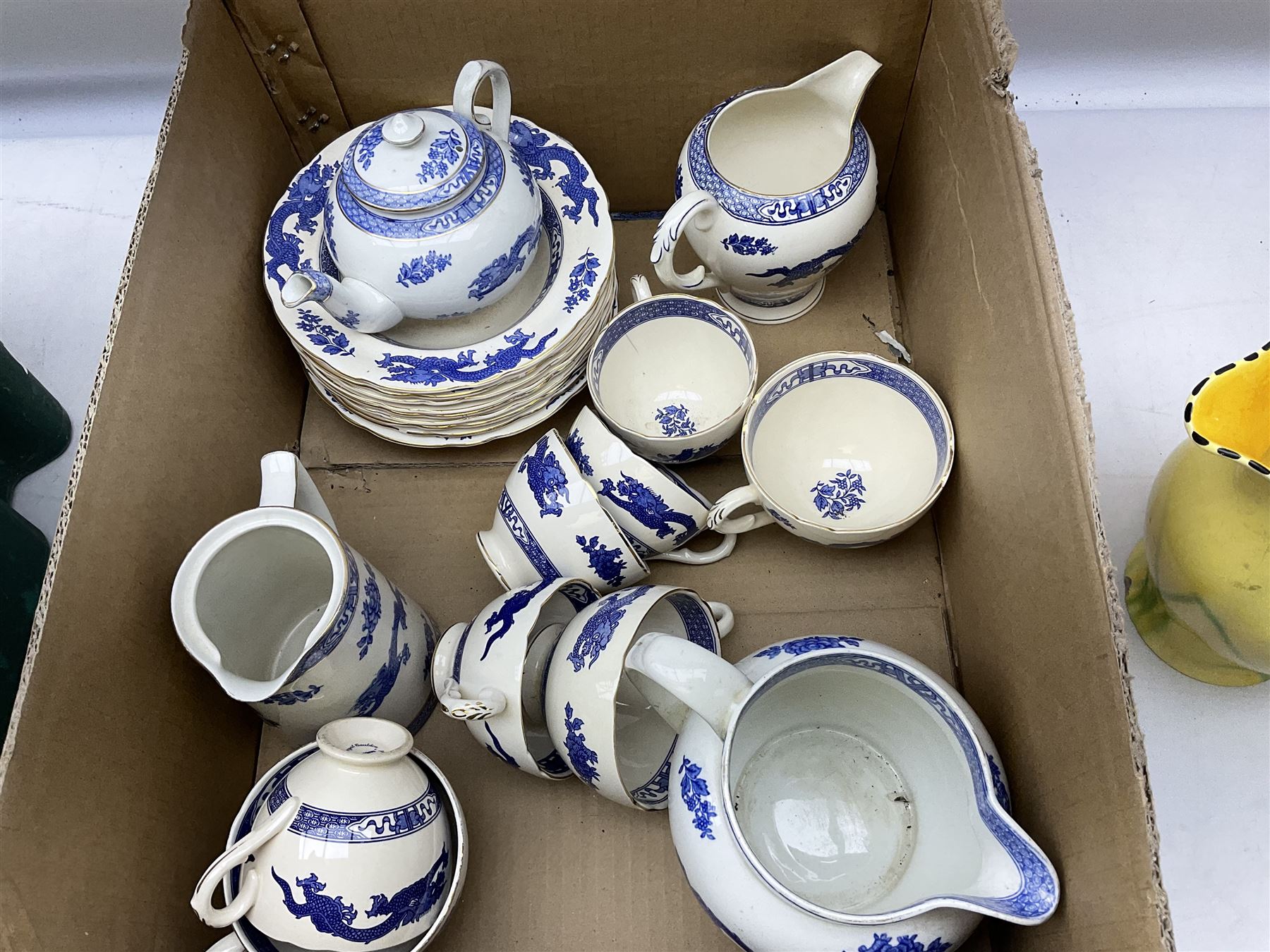  Burleigh ware jug with squirrel handle, together with similar falcon ware jug,  Shelley vase decorated in an orange colourway with fluted rim, and Royal Cauldon Dragon pattern tea and dinner wares, in two boxes