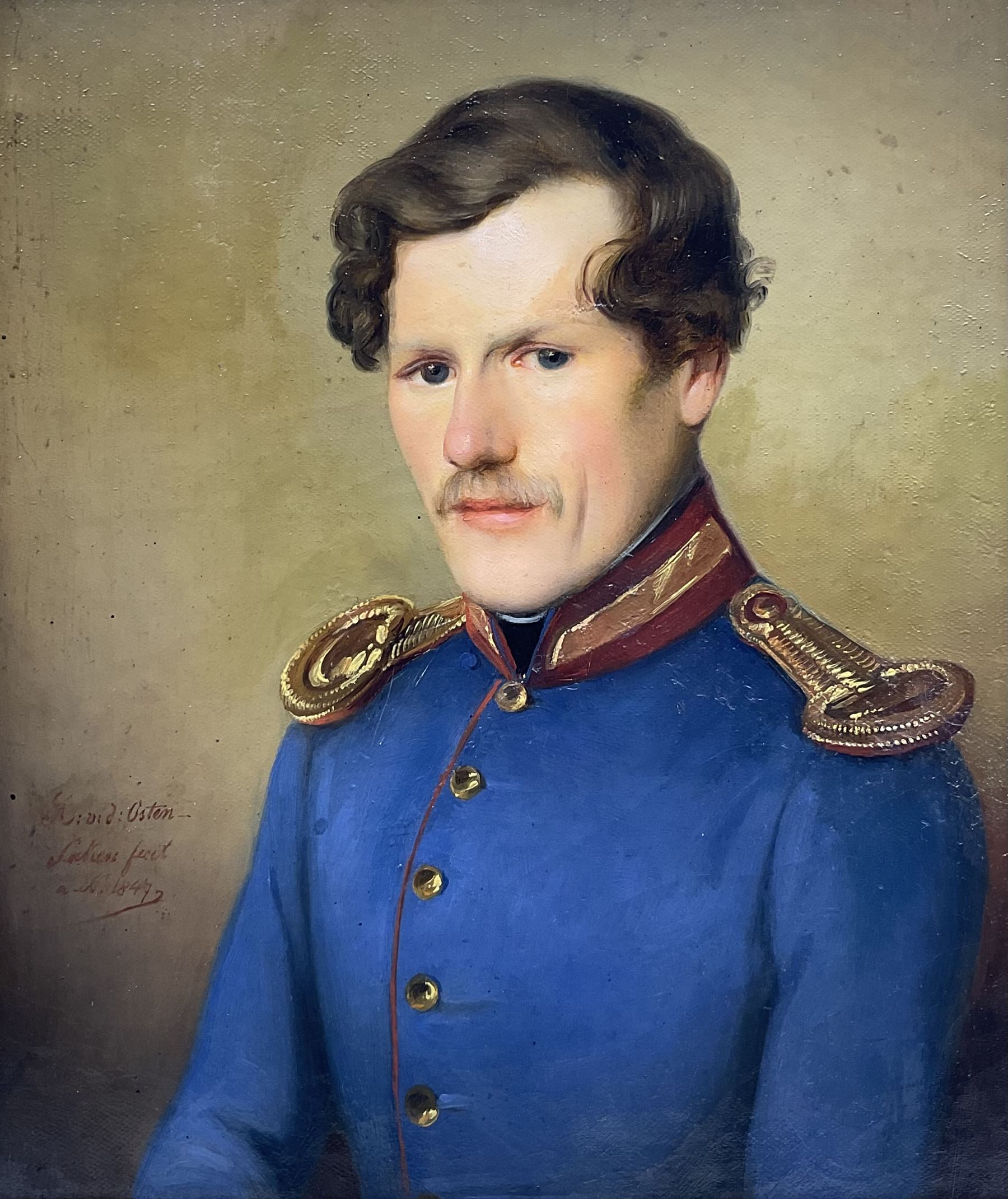 Manner of George Dawe (British 1781-1829): Portrait of a Prussian Officer, inscribed and dated 1847, 34cm x 28cm
Notes: the inscription suggests this work could be attributed to a member of the Von der Osten-Sacken family, a distinguished German-Baltic noble family. Given that many of the family members occupied prominent military positions, it is also plausible that this piece depicts one of them.