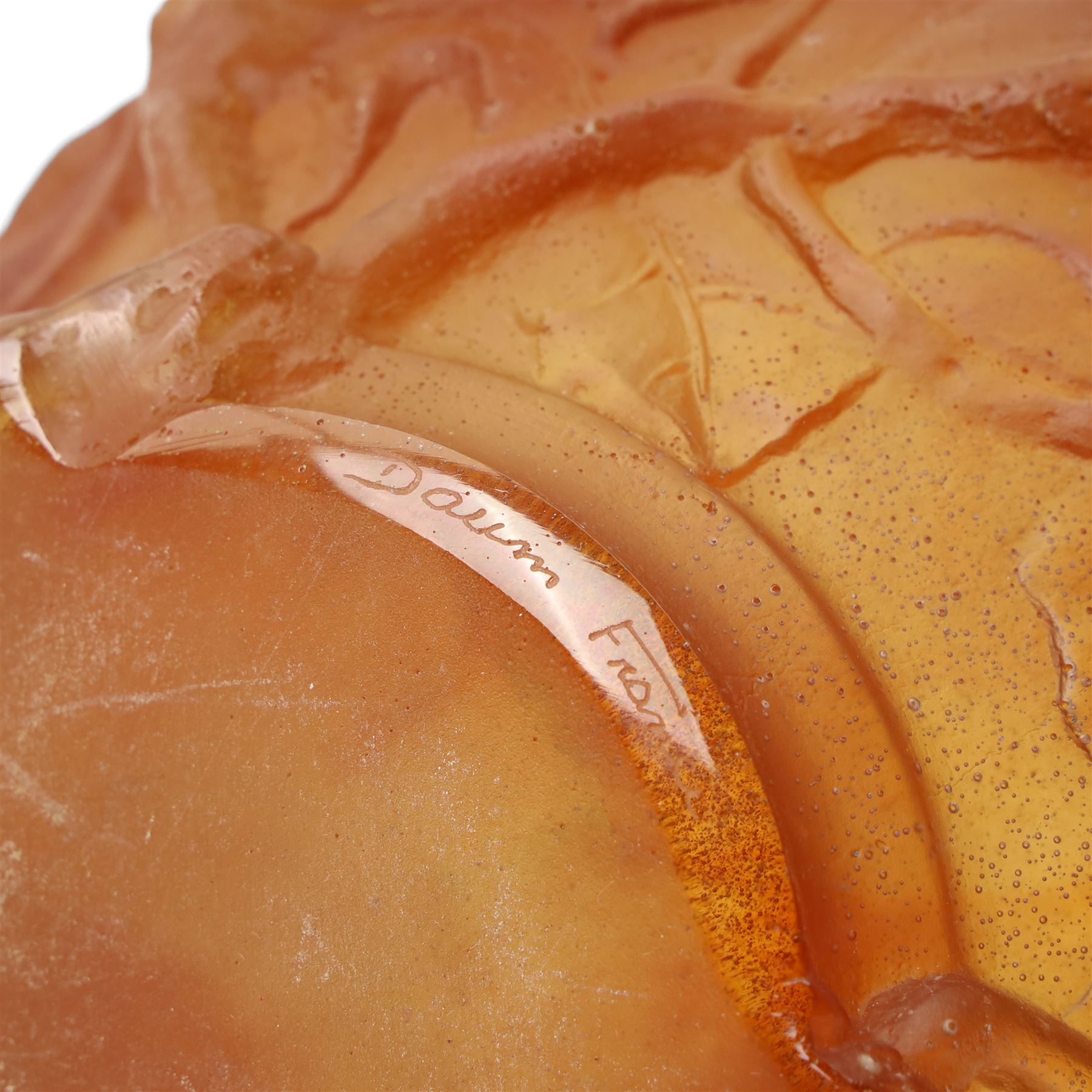 Daum pate de verre bowl, decorated with figs and lizards in relief, incised Daum France to edge of base, boxed, H20cm