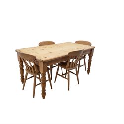 20th-century stripped pine dining table with four beech farmhouse kitchen chairs came, rectangular top with moulded edge and rounded corners, raised on four turned legs, chairs with curved back and turned supports with solid shaped seat raised on turned legs united by stretchers, W37xD39xH84cm
