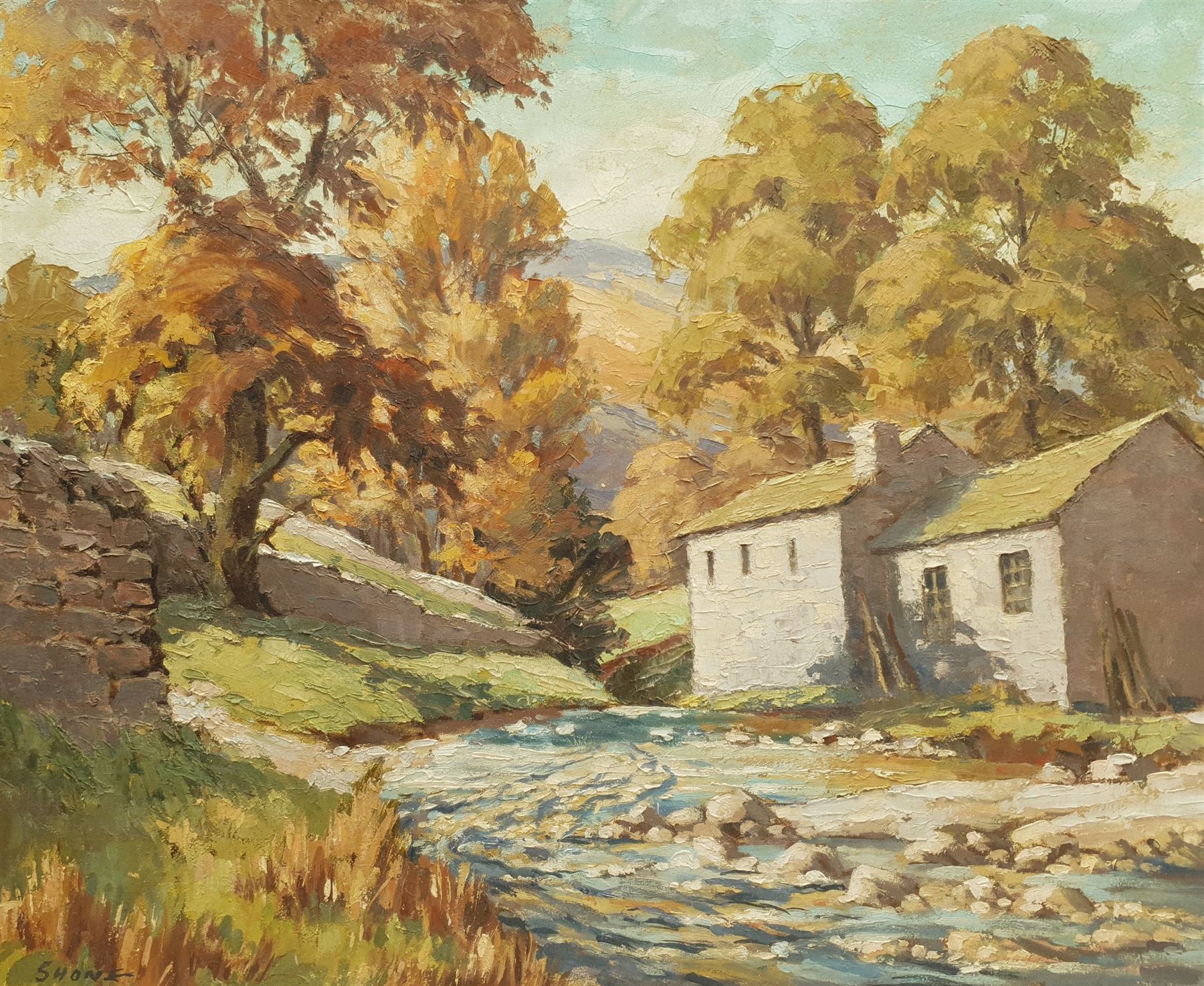 J Burton (British 20th century): Whitby from Lythe Bank, oil on board signed 49cm x 59cm; William Shone (British 20th century): 'Autumn Morning Cray Wharfedale', oil on board signed, titled verso on artist's studio label 49cm x 59cm (2)