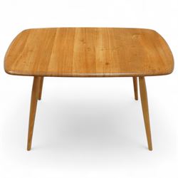 Ercol - golden elm coffee table, rectangular top with curved corners on tapered legs