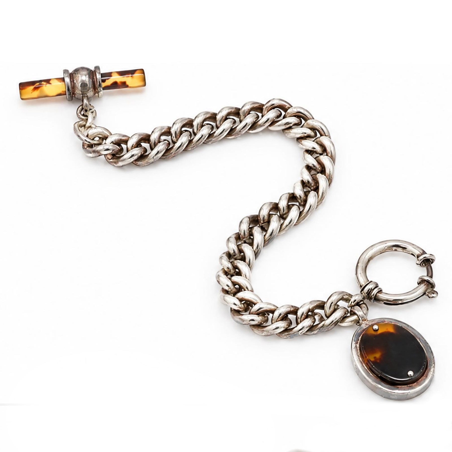 Ralph Lauren silver-plated curb link chain bracelet, with simulated tortoiseshell T bar and charm