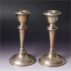 Pair of Edwardian silver candlesticks H16cm Chester 1908 Maker S Blanckensee & Son Ltd and a silver meat skewer/ paper knife, cased Sheffield 1977 Maker Cooper Bros