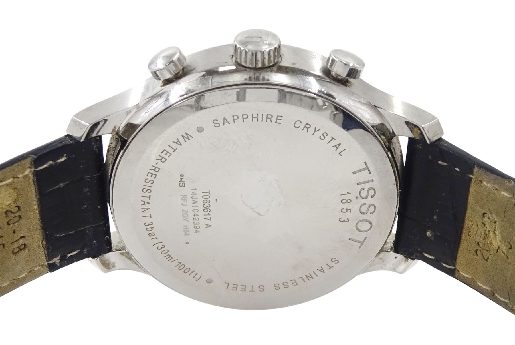 Tissot Traditional gentleman's stainless steel chronograph quartz wristwatch, Ref. T063617A, black dial with dagger hour markers and date aperture, on black leather strap with stainless steel fold-over clasp, boxed with warranty card dated 2016