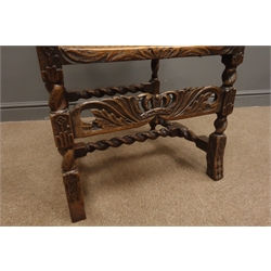  Pair Carolean style oak armchairs, cresting rail relief carved with putti holding crown, barley twist uprights with acanthus carved down swept arms with scrolled terminals, cane work back and seat, carved peg feet, W60cm  