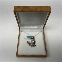 Silver Baltic amber and turquoise toucan pendant necklace, stamped 925 and boxed