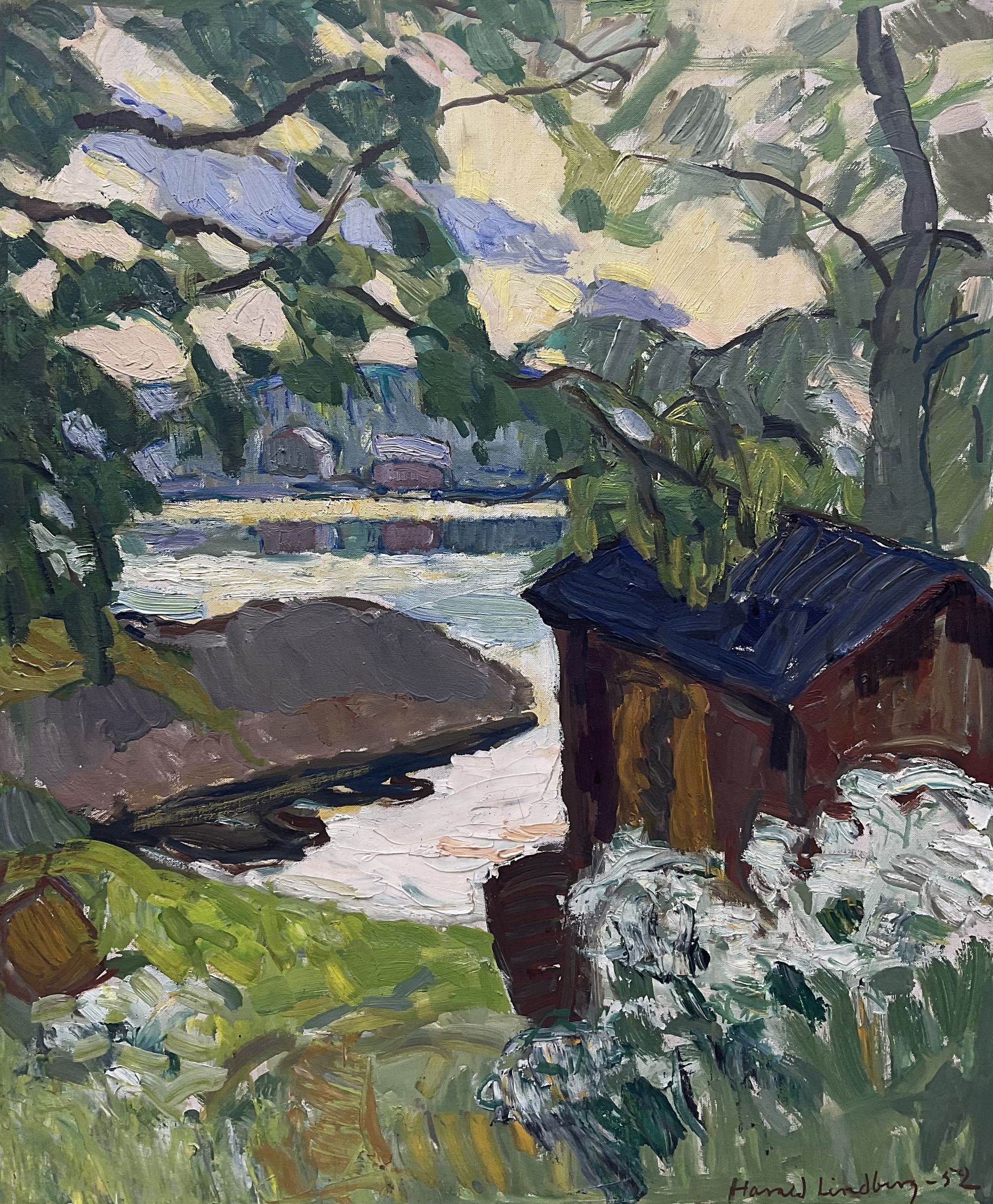 Arthur Harold Lindberg (American 1895-1977): Fishing Huts and the River, oil on canvas signed and dated '52, 63cm x 52cm 