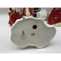 Five Royal Doulton figures, comprising Flower of Love HN3970, Emily HN3688, Southern Belle HN2229, Helen HN3886 and My Love HN2339, all with printed mark beneath, some with boxes, together with a Royal Doulton Figures reference book by D Eyles and R Dennis