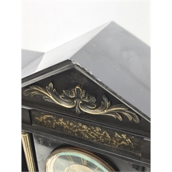 Victorian polished black slate mantel clock, Temple shaped case with brass frieze and columns, circular Roman dial signed Gowland Sunderland & Paris, twin train movement striking the half hours on a coil, H44cm, W53cm, H44cm  