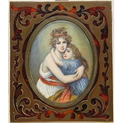  Portrait of Woman and Child, 19th century oval miniature signed painted on ivory in red Boulle frame overall 12.5cm x 10.5cm  