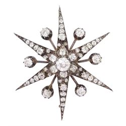Victorian silver and gold old cut diamond star pendant / brooch, principal diamond approx 0.85 carat, total diamond weight approx 4.75 carat