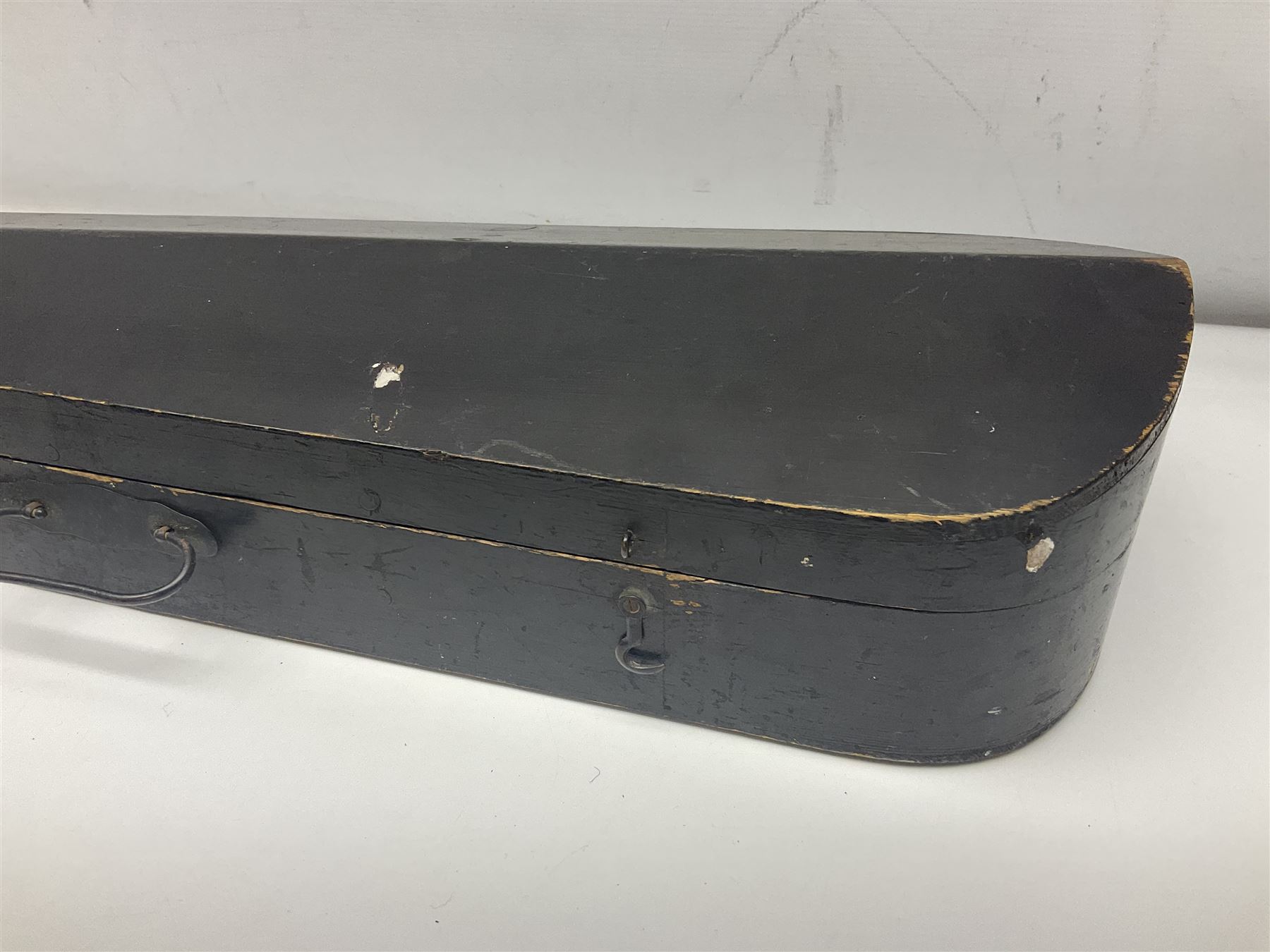 German violin c1900 for re-assembly with 36cm two-piece maple back and ribs and spruce top; L59cm; in ebonised wooden 'coffin' case with two bows