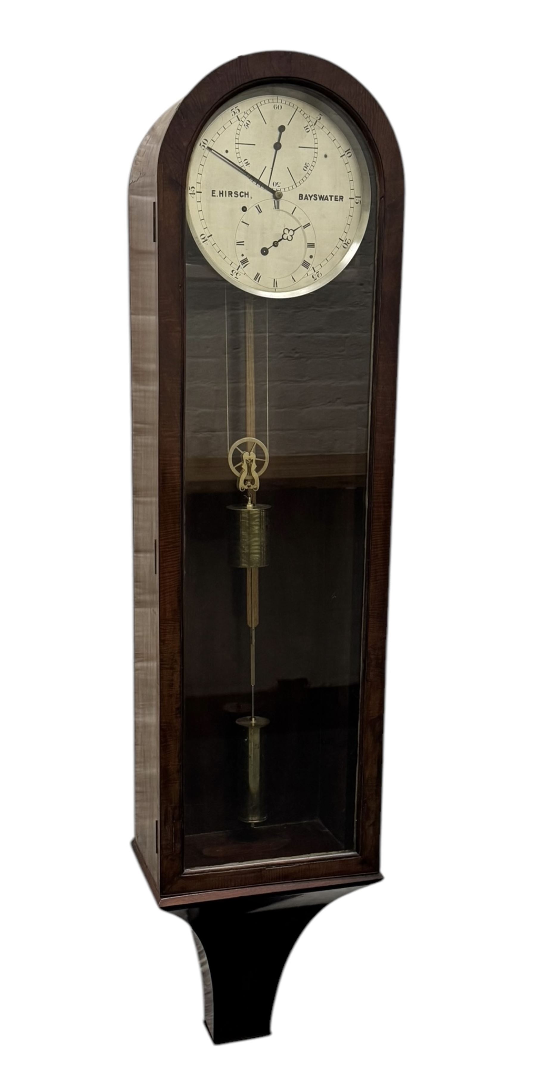 Hirsch of Bayswater-Fine late Victorian 8-day mahogany cased Jewellers regulator, wall mounted case with an arched top and tapering swept base, fully glazed door with visible pendulum and off-set brass cased weight, 10-1/2