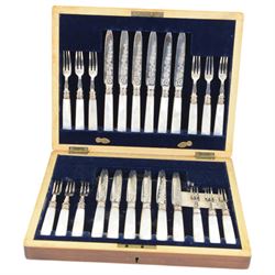 Set of twelve mother of pearl handled silver fruit knives and forks, the knives with floral engraving to blades, hallmarked to both collars and blades/prongs, Frederick C Asman & Co, Sheffield 1906, contained within fitted wooden case with velvet lined interior