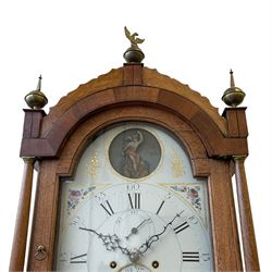 William Gostling of Diss  (Norfolk)-  Late 18th century 8-day oak longcase clock c1780-90, break arch top with scalloped cresting and three brass finials, glazed break arch hood door flanked by turned pilasters with brass capitals, trunk with a long trunk door and rounded top on a square plinth with an applied and shaped skirting, early painted Wilson of Birmingham dial with Roman numerals and five minute Arabic's, matching steel hands and second pointer, arched square ended calendar aperture with date disc behind, floral spandrels within gesso borders and a painted rocking automaton representing Mercury to the break arch, dial pinned via a false plate to a weight driven rack striking movement with a recoil anchor escapement, striking the hours on a cast bell. With pendulum weights and key. 
William Gostling (II) is recorded as working in Diss from 1774 to 1797, succeeded by widow Anne and son George . The dial of this clock is illustrated and discussed in detail in M.F. Tennants book 