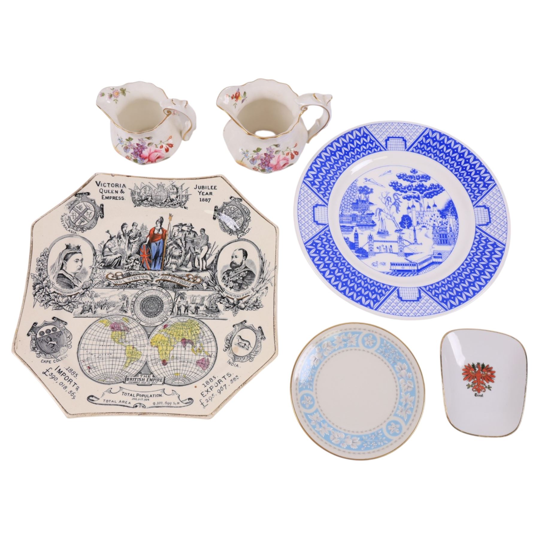 Royal Doulton nursery rhyme trio 'there was a little man, and he had a little gun', pewter coffee pot and tankards, commemorative ware, two mallet decanters, etc