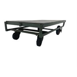 20th century wrought metal and pine railway luggage trolley or coffee table, on castors, by repute from York Station 