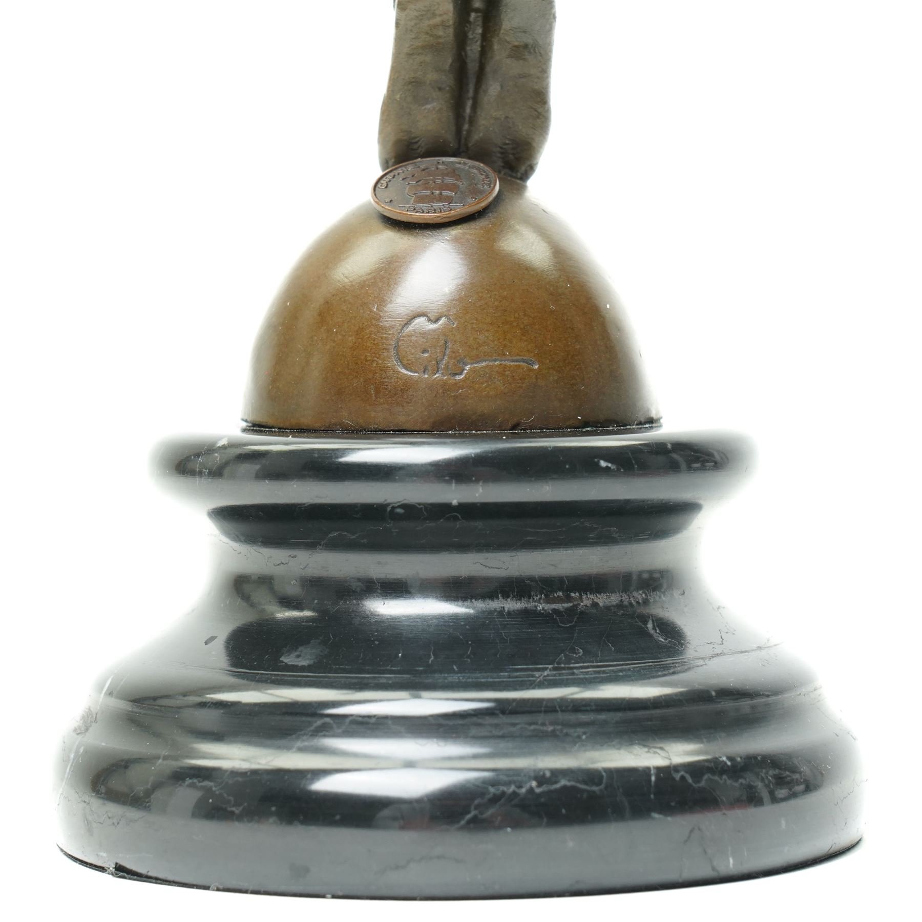 After Milo - bronze figure of a man in perfect balance, bearing signature and foundry mark, overall H28.5cm