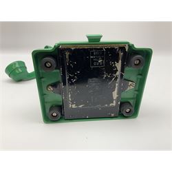 Jade green Bakelite telephone, of pyramid form with rotary alphabet dial, brown braided handset cord and a base draw, W18cm D14cm H15cm