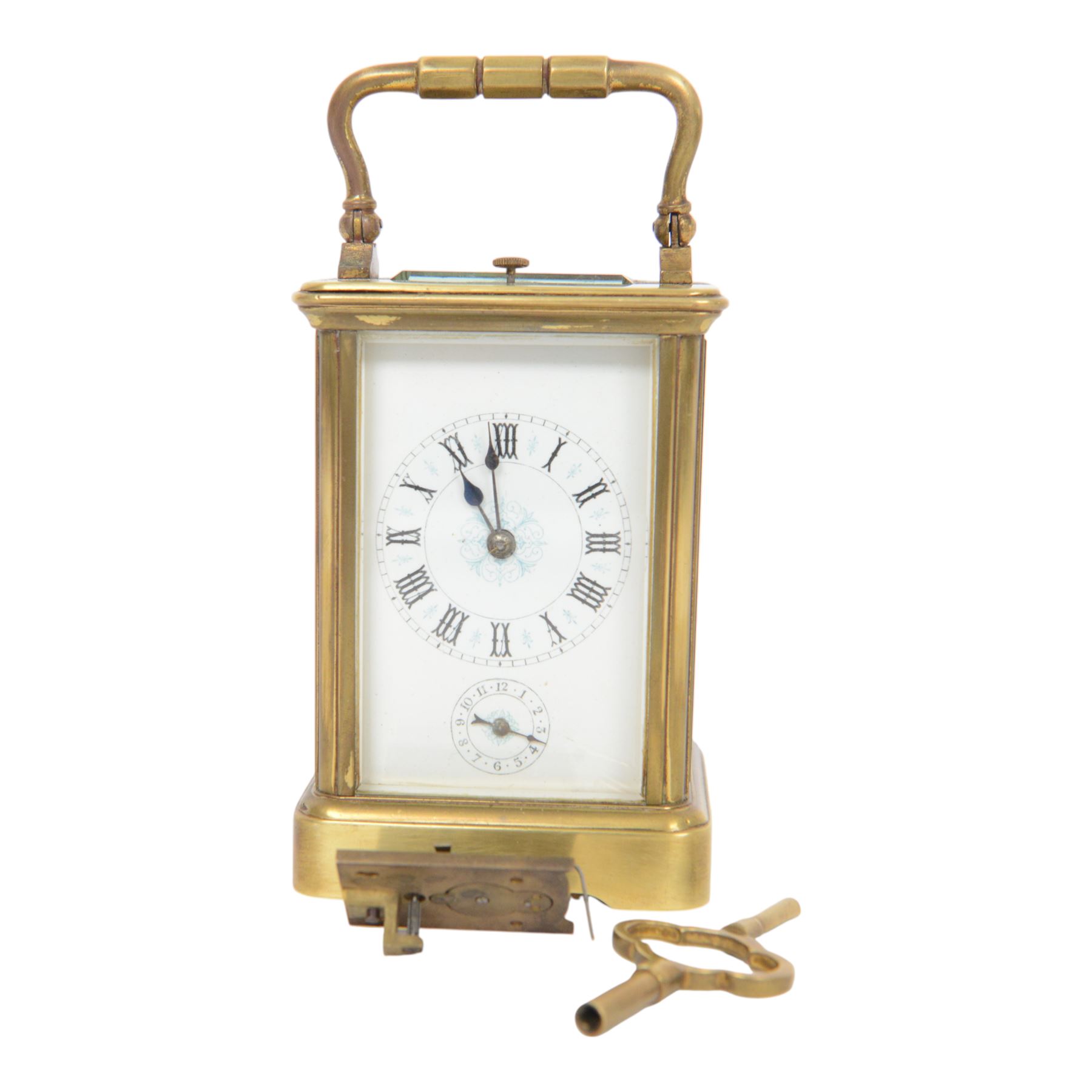 French 8-day timepiece carriage clock with brass case with four bevelled glass panels, 11cm