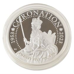 King Charles III Tristan da Cunha 2023 '70th Anniversary of the Queen's Coronation' five ounce fine silver proof twenty-five pound coin, issued by the Jubilee Mint, cased with certificate