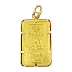 24ct fine gold Suisse 10gm ingot, in 18ct gold mount