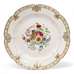 19th century Chamberlain Worcester porcelain dessert plate, centrally painted with fruit and flowers, within a raised gilt and turquoise border, puce printed mark incorporating the 155 New Bond Street address, early 19th century cabinet plate, painted with floral garlands, within a shaped gilt border, D25cm, hand painted grape vine moulded serving dish and other plates (6)