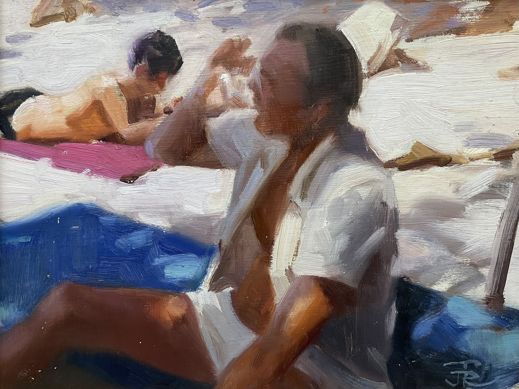 John Richard Townsend (British 1930-): 'Self Portrait' on the Beach, oil on board signed with monogram, titled and dated 1978 verso 22cm x 29cm