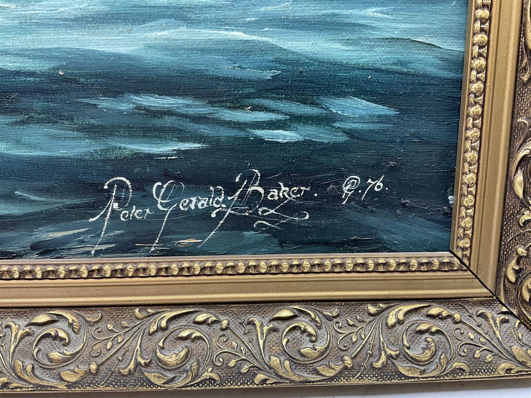 Peter Gerald Baker (British 20th century): American Naval Battle, oil on canvas signed and dated '76, 59cm x 74cm