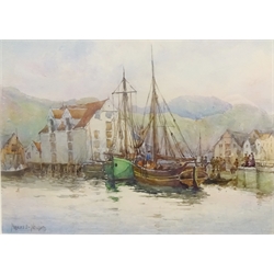  Fishing Boats at Dock, watercolour signed by Frances E Nesbitt (Briitish 1864-1934) 24cm x 34cm  