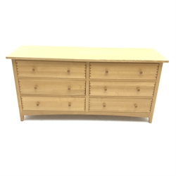 Solid ash chest, six drawers, tapering stile supports, W166cm, H81cm, D52cm