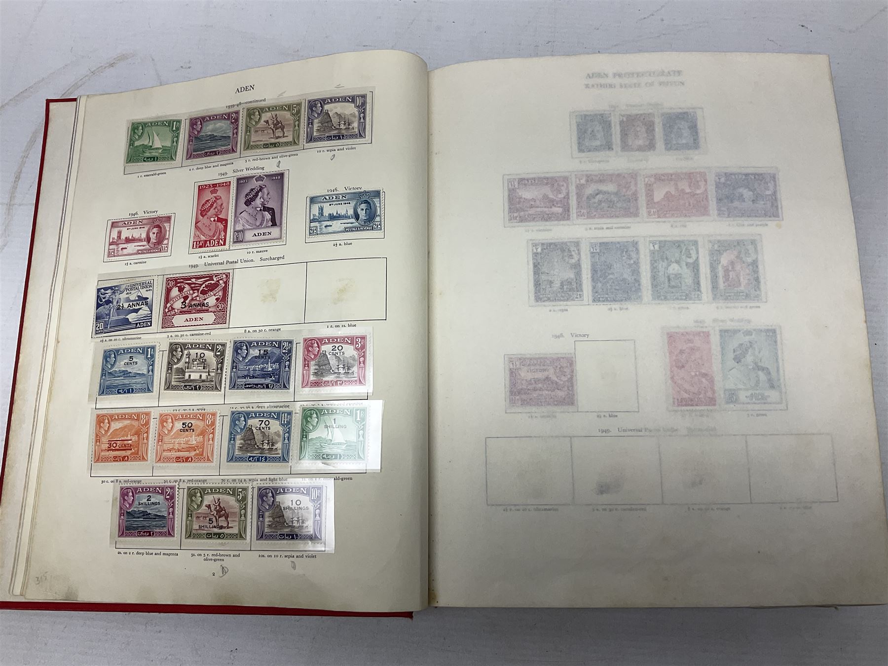 Single album collection of King George VI stamps, including Aden, Antigua, Ascension, Australia, Bahamas, Bahrain, Barbados, Basutoland, Bechuanaland, Bermuda, British Solomon Islands, Brunei, Burma, Cayman Islands, Dominica, Falkland Islands, Gambia, Gilbert and Ellice Islands, Gold Coast, Great Britain 1939-48 set to one pound including ten shilling dark blue, Grenada, Hong Kong, India, Ireland, Jamaica, Leeward Islands, Malta, Mauritius, New Zealand etc
